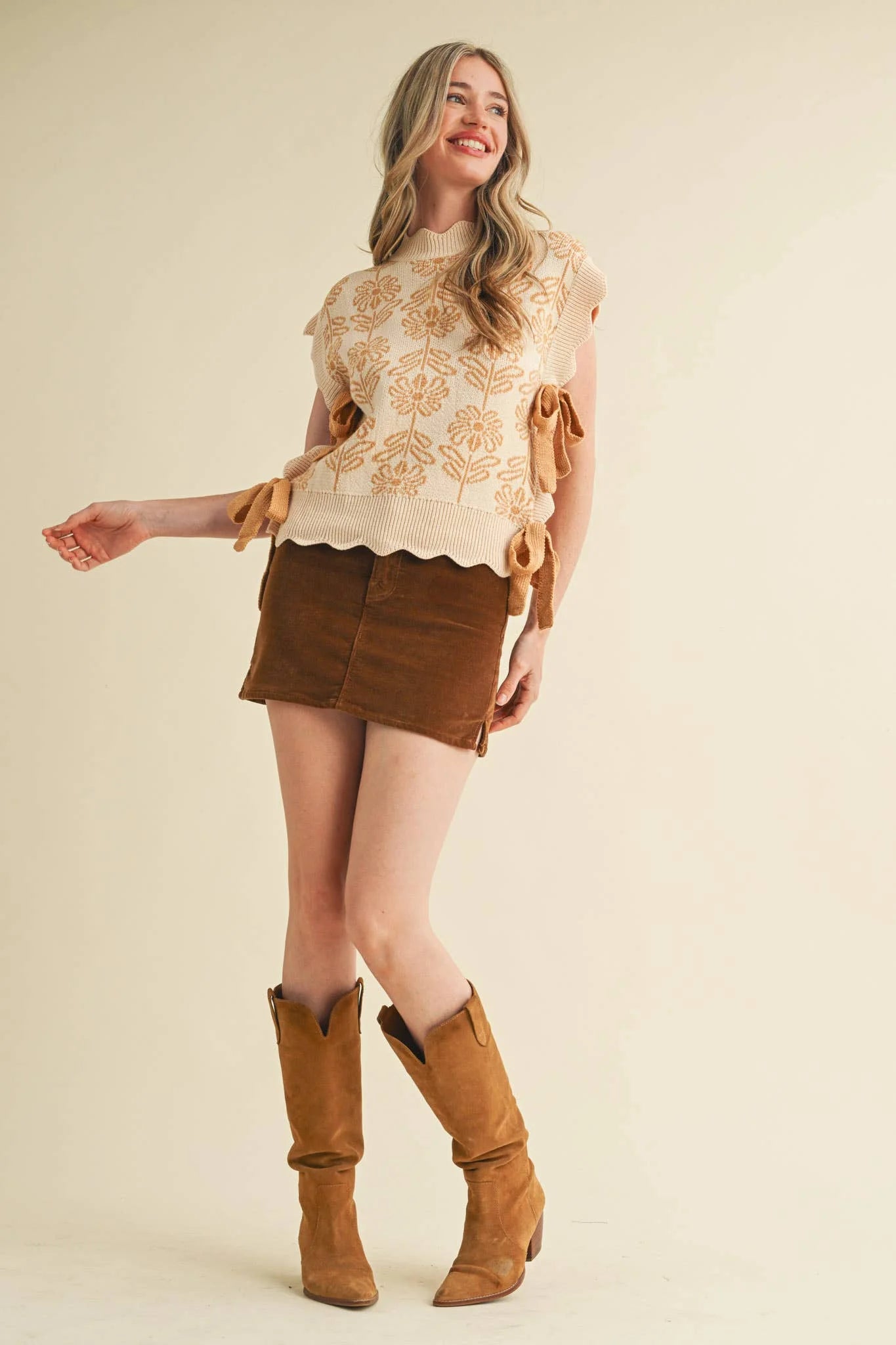 Mock Neck Floral Sweater | Beige Taupe