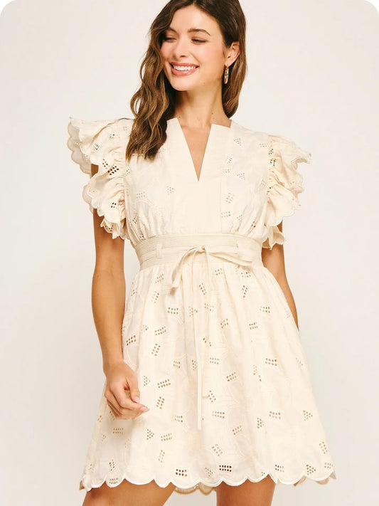 Eyelet Cotton Lace Scallop Mini Dress | Ecru - Large