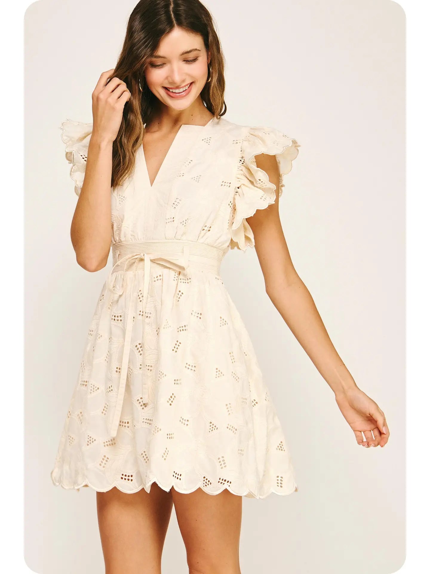 Eyelet Cotton Lace Scallop Mini Dress | Ecru - Large