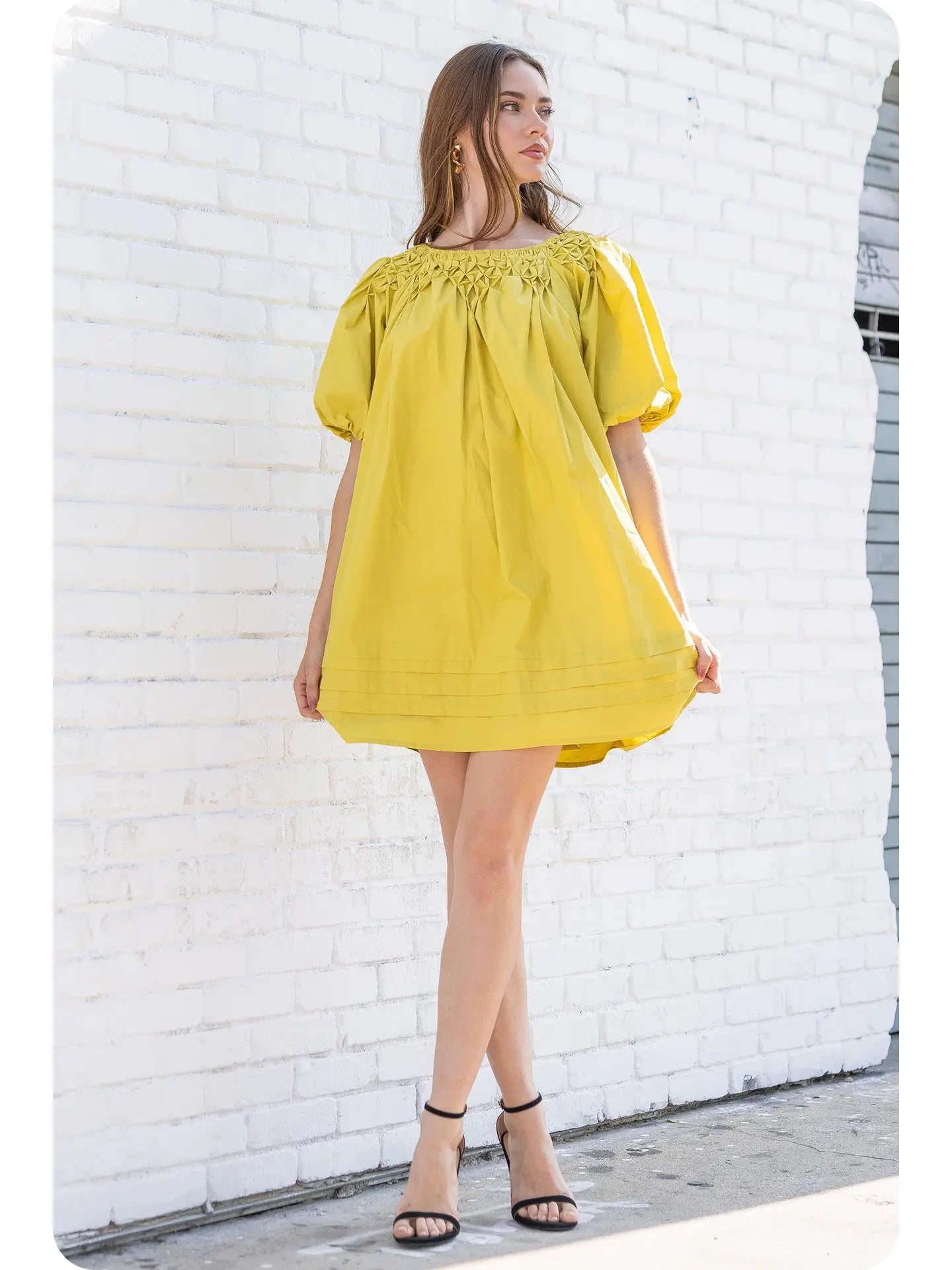 Hand Smocking Detail Poplin Mini Dress | Chartreuse - Large