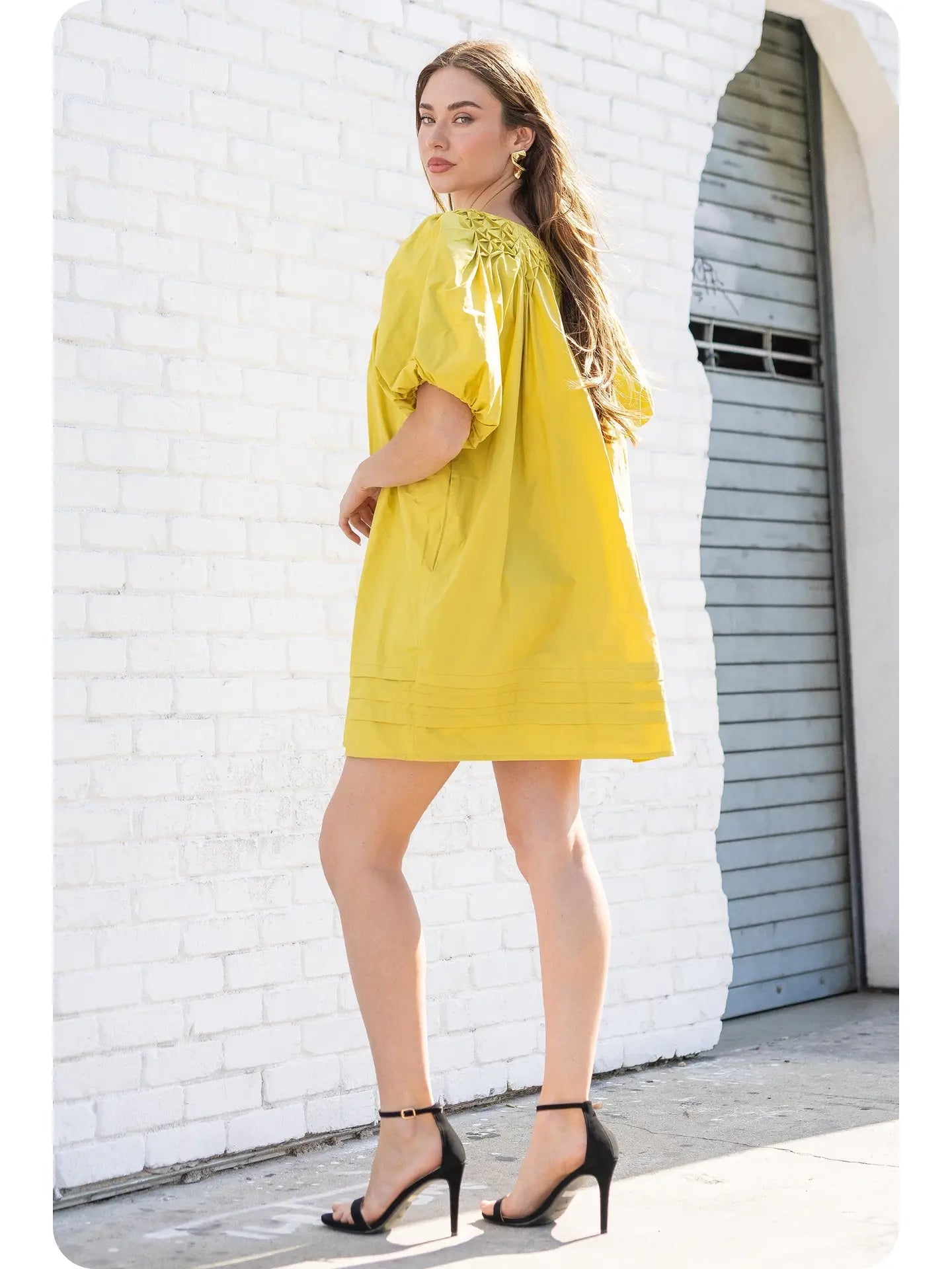 Hand Smocking Detail Poplin Mini Dress | Chartreuse - Large