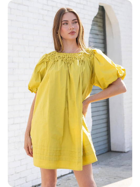 Hand Smocking Detail Poplin Mini Dress | Chartreuse - Large