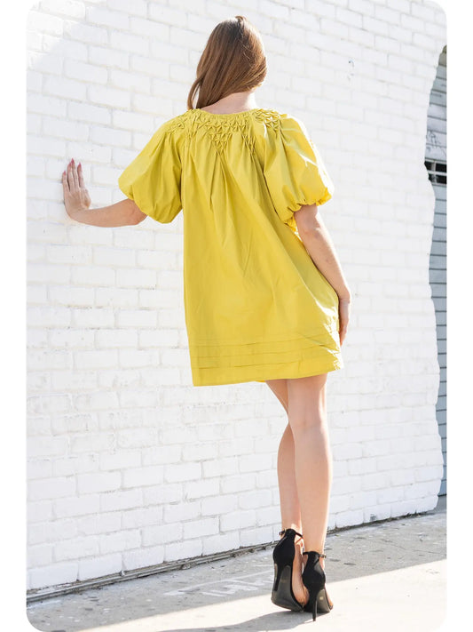 Hand Smocking Detail Poplin Mini Dress | Chartreuse - Large