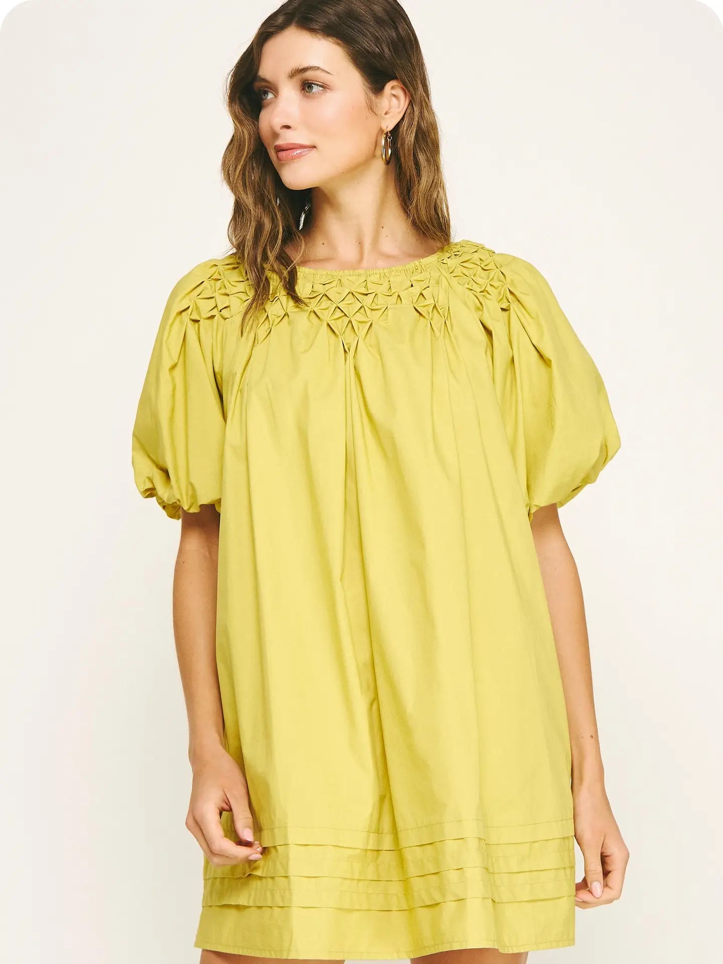 Hand Smocking Detail Poplin Mini Dress | Chartreuse - Large