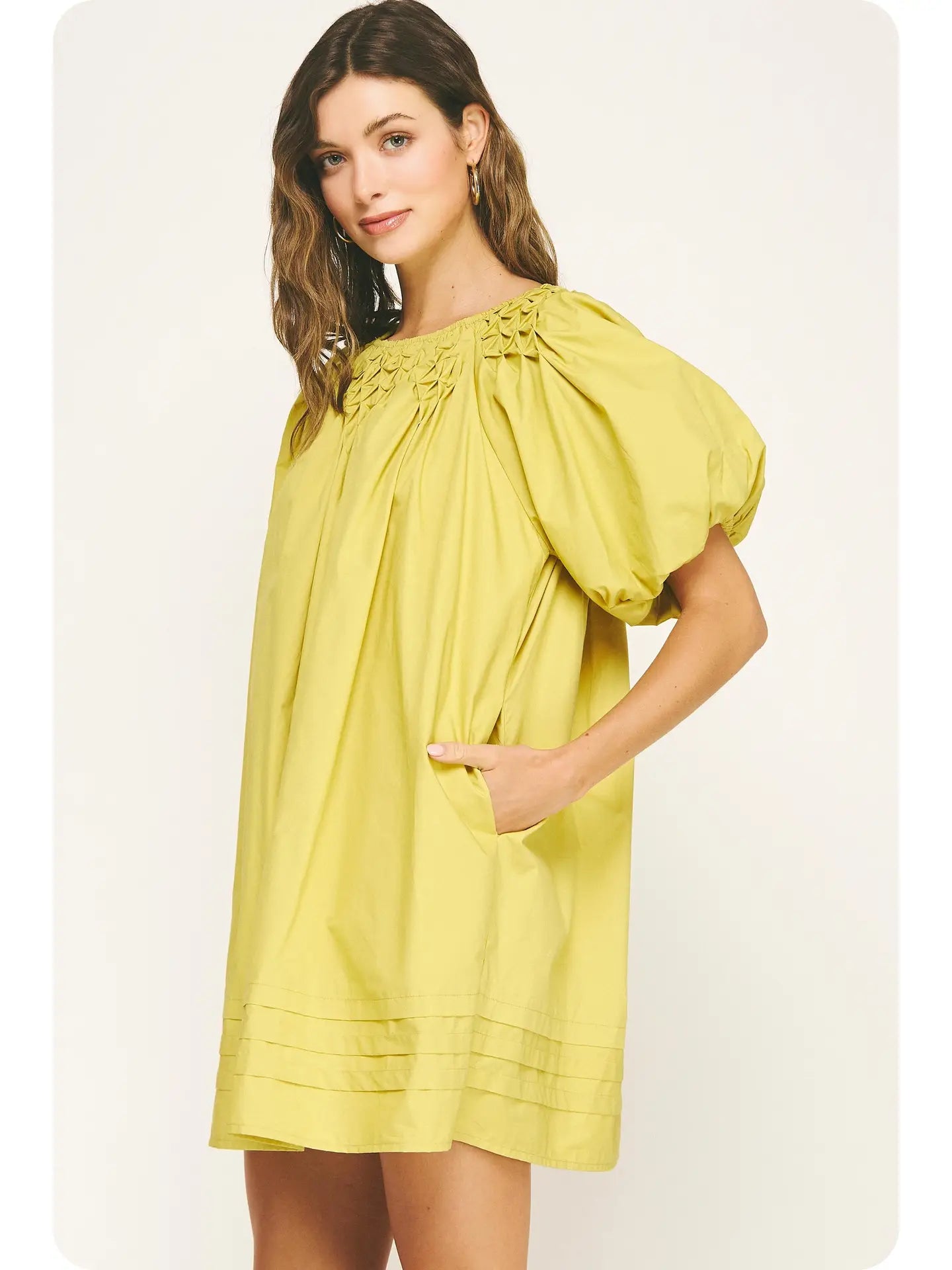 Hand Smocking Detail Poplin Mini Dress | Chartreuse - Large