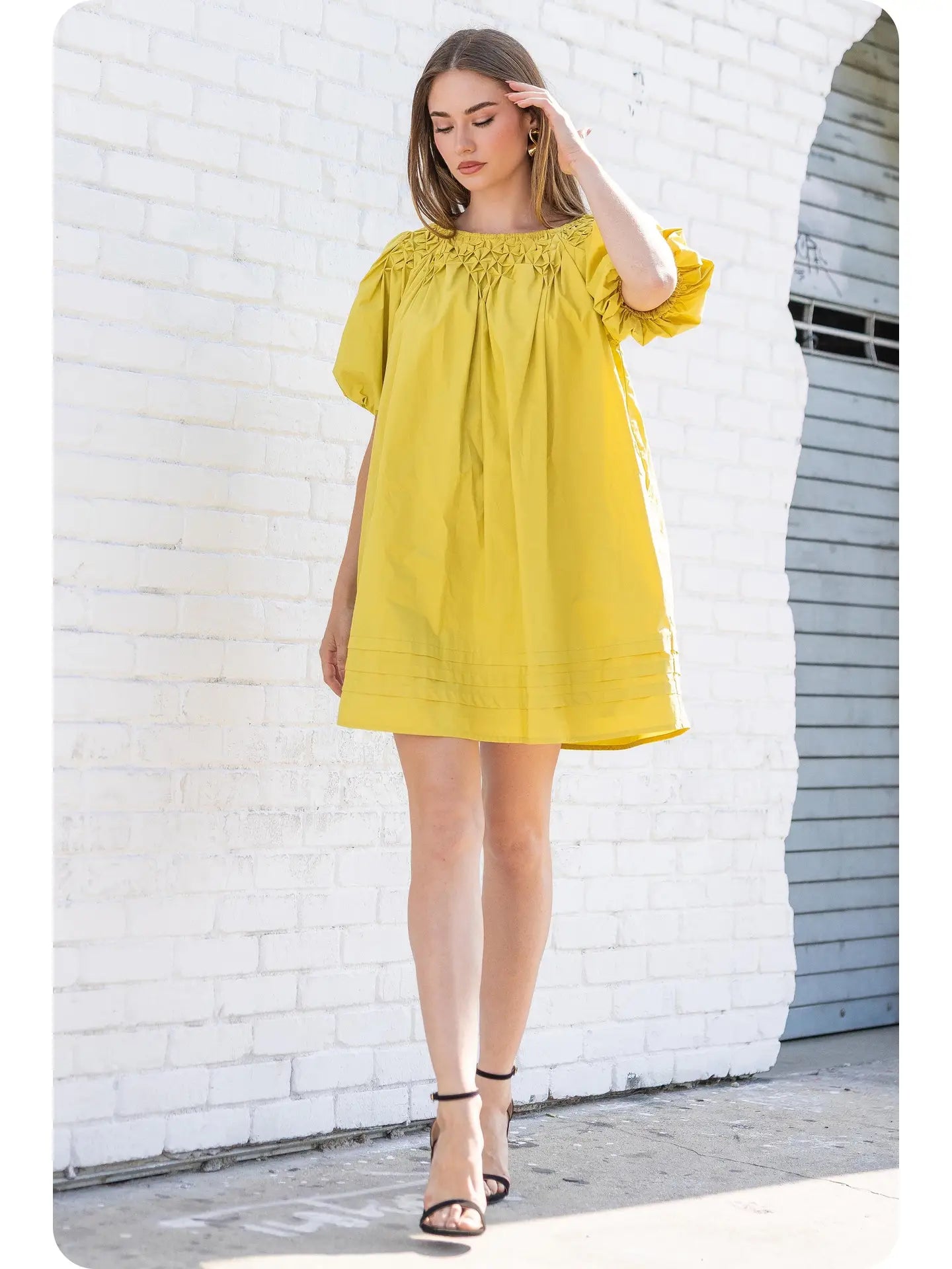 Hand Smocking Detail Poplin Mini Dress | Chartreuse - Large