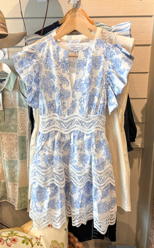 Botanical Garden Crochet Lace Tiered Mini Dress | Blue/White