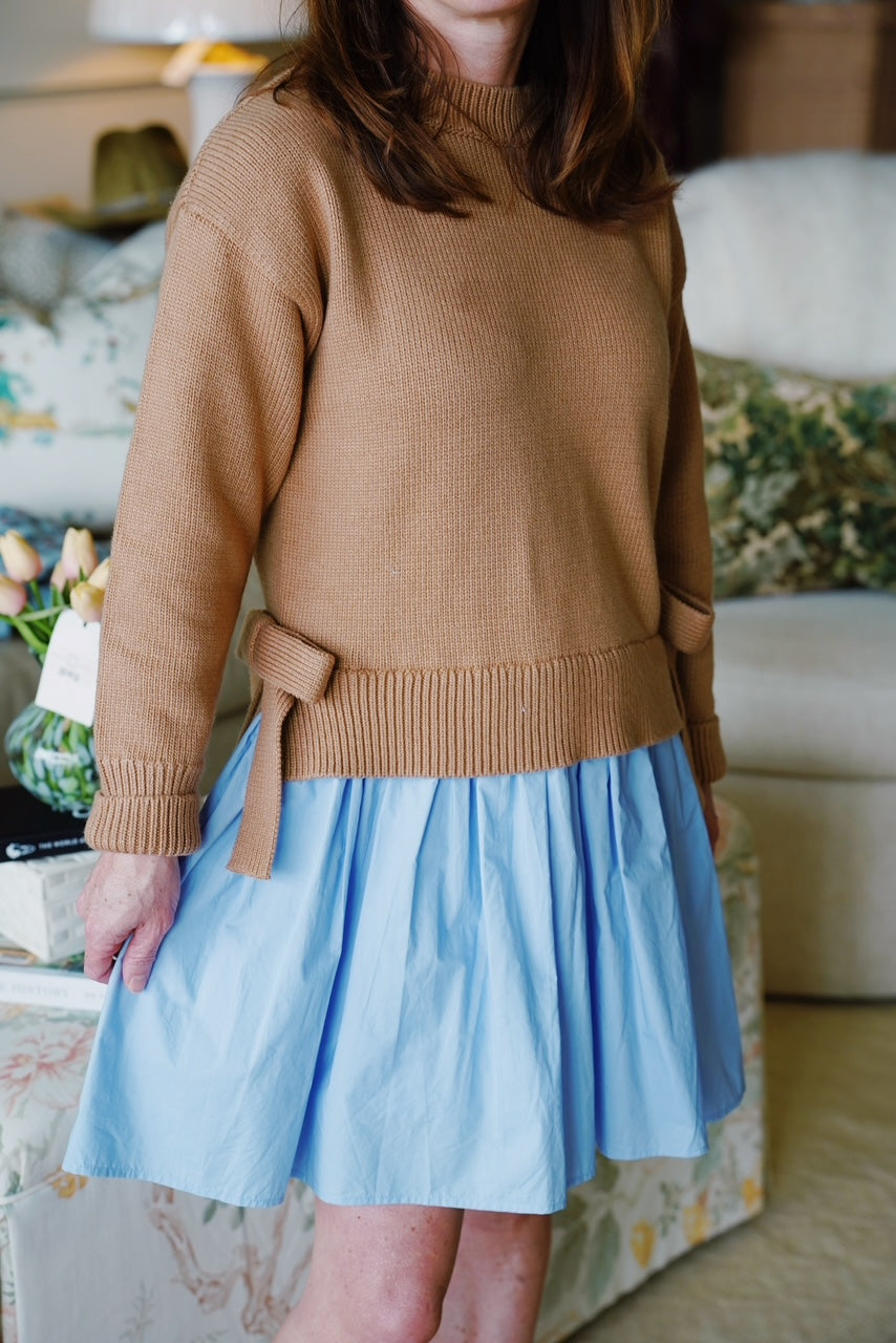 Side Tie Mixed Media Mini Dress | Tan/Powder Blue