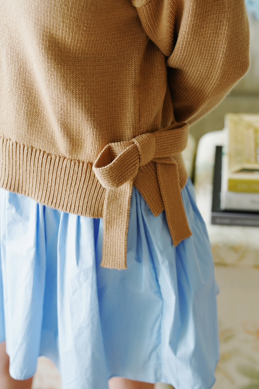 Side Tie Mixed Media Mini Dress | Tan/Powder Blue