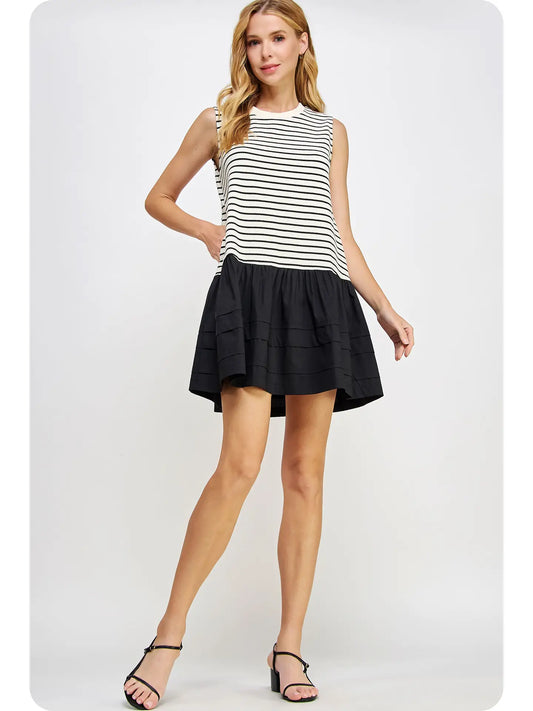 Mixed Media Stripe Knit Mini Dress | Black Stripe - Medium
