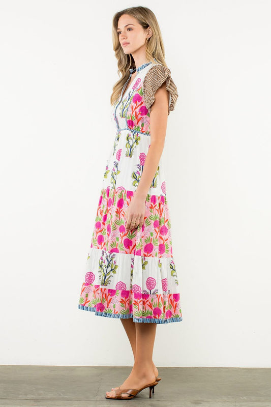 Flutter Sleeve Button Front Floral Maxi Dress - XS