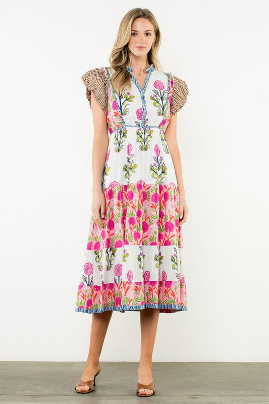 Flutter Sleeve Button Front Floral Maxi Dress - XS