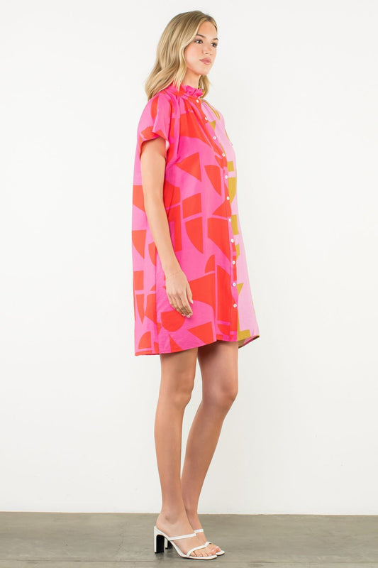 Short Sleeve Abstract Print Dress - Small