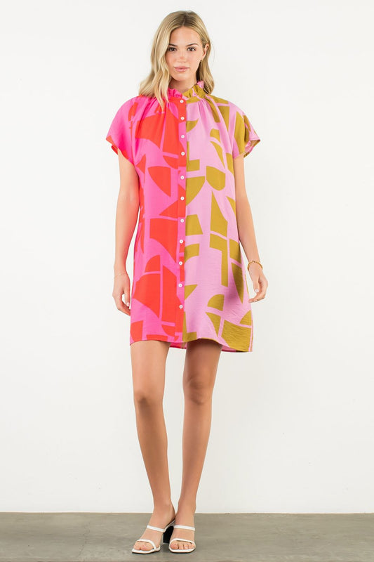 Short Sleeve Abstract Print Dress - Small