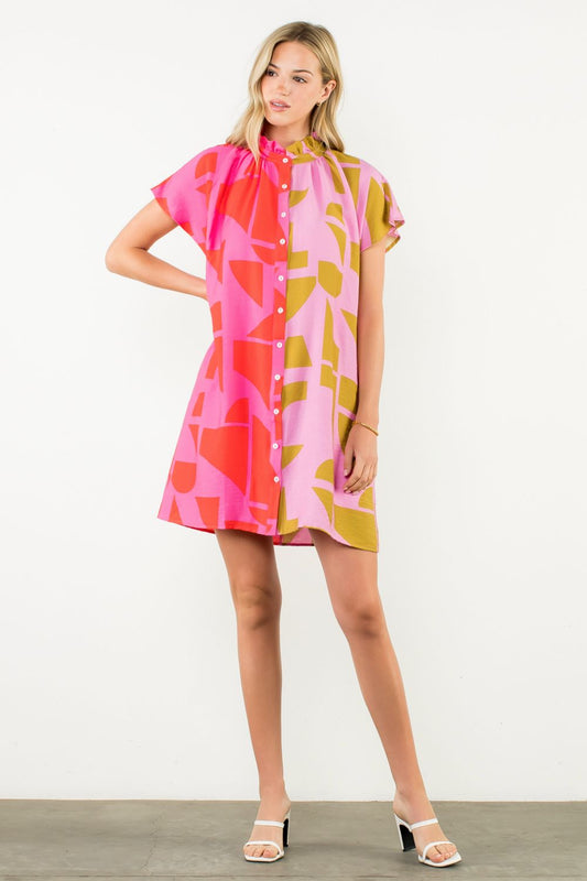 Short Sleeve Abstract Print Dress - XS