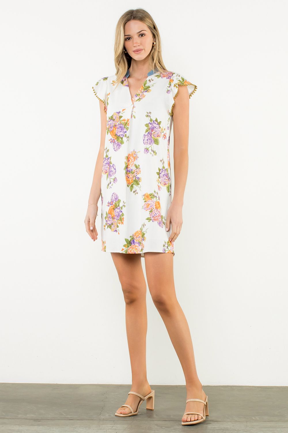 Pom Trim Floral Flutter Sleeve Dress - XS