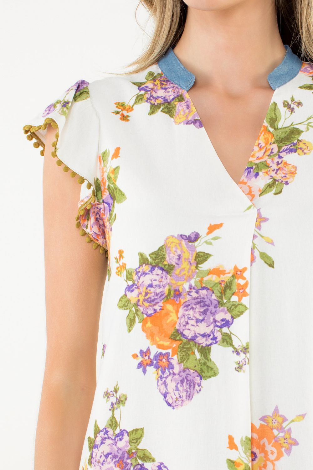 Pom Trim Floral Flutter Sleeve Dress - XS